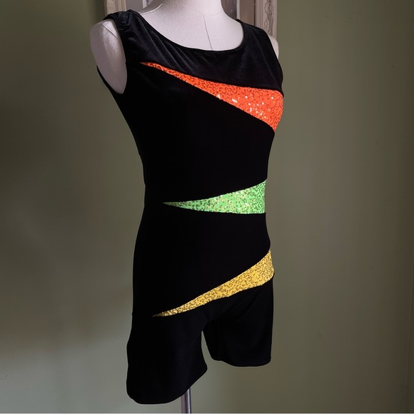 cicci Pants - Cicci Black Unitard Dance Costume with Orange, Green and Yellow Triangles
